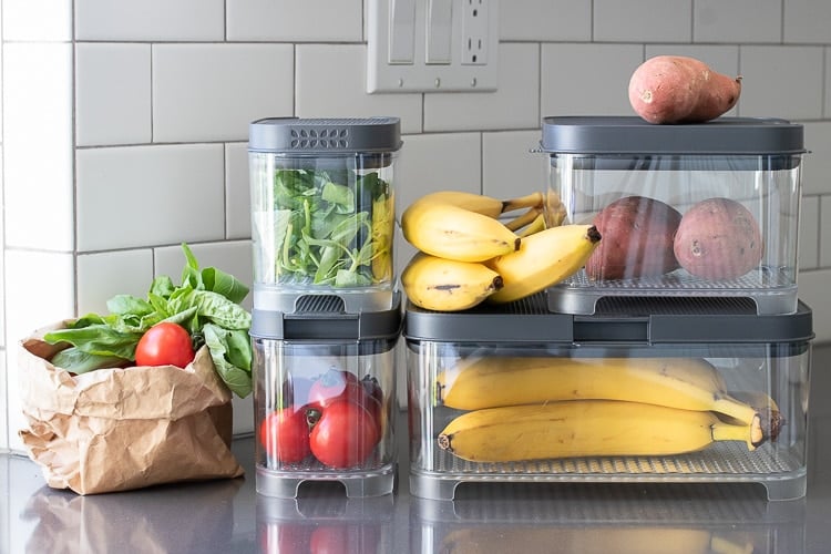 Plastic containers filled with fruit and veggies sitting on grey countertop