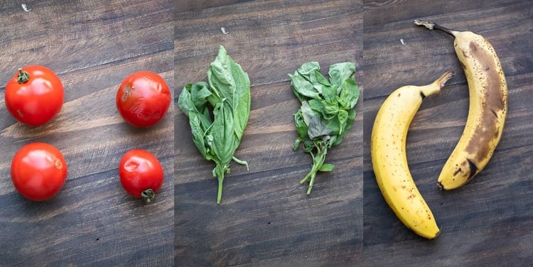 Collage of aging side by side tomatoes, basil and bananas 