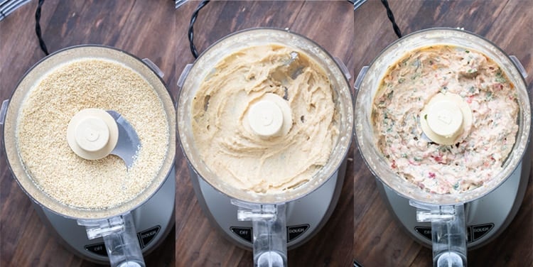 Collage of steps of making a cheeseball in a food processor