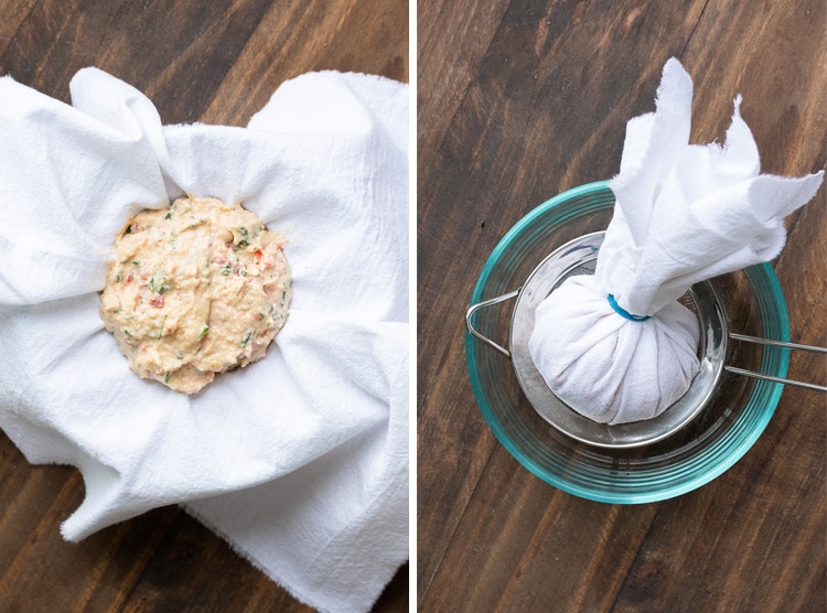 Collage of steps to putting soft cheeseball base in a cheese cloth to set