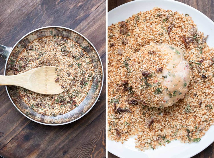 Collage of toasting breadcrumbs in a pan and covering cheeseball with breadcrumbs