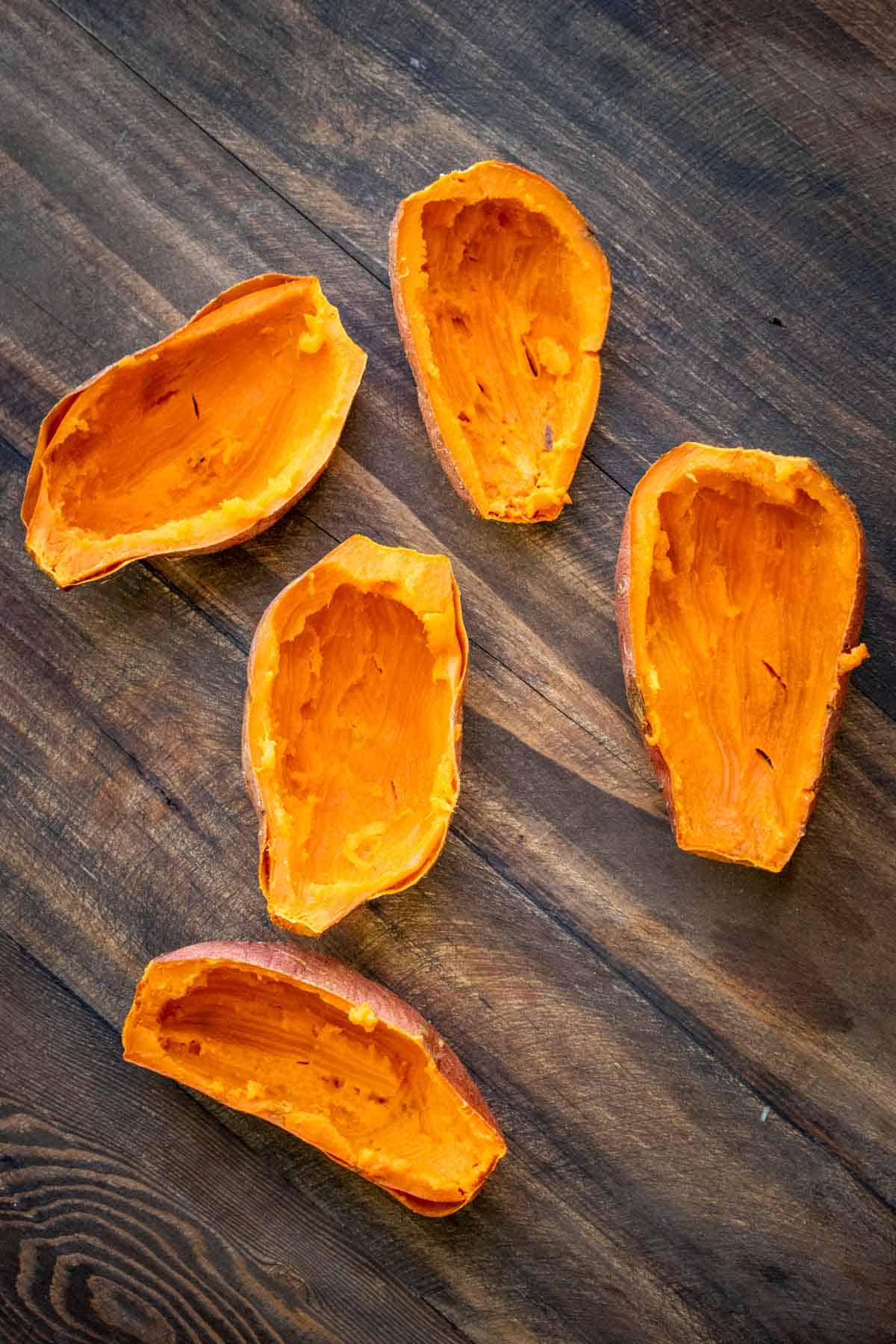 Top view of baked sweet potato skins with insides scooped out