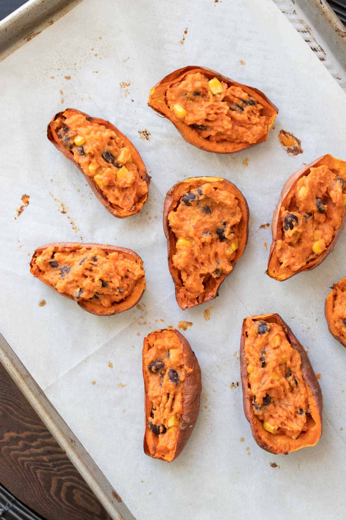 Top view of baked sweet potato skins filled with mashed potato mixture