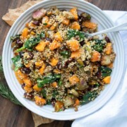 Quinoa stuffing with butternut squash, spinach, pistachios, Brussels sprouts and cranberries