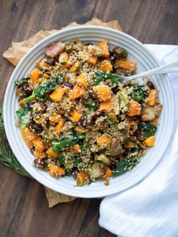 Quinoa stuffing with butternut squash, spinach, pistachios, Brussels sprouts and cranberries