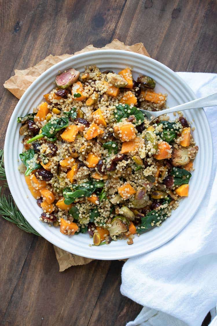 Quinoa stuffing with butternut squash, spinach, pistachios, Brussels sprouts and cranberries