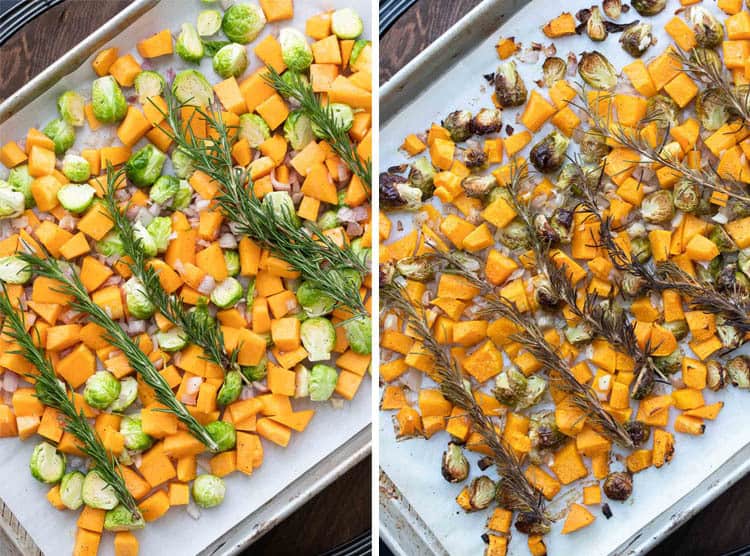Collage of raw and roasted butternut squash, Brussels sprouts and rosemary