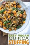 This easy vegan quinoa stuffing has sweet butternut squash, tangy cranberries and buttery pistachios. A flavorful way to switch up traditional stuffing!#veganthanksgiving #quinoarecipes