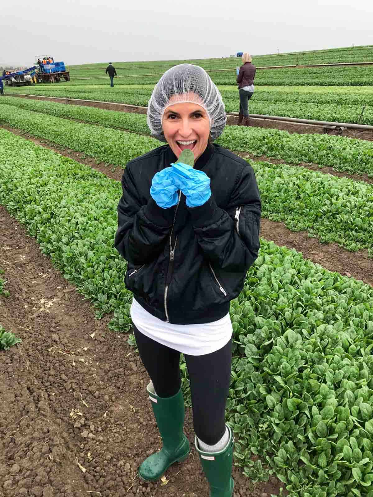 Mujer en un campo de espinacas sosteniendo unas hojas de las mismas.