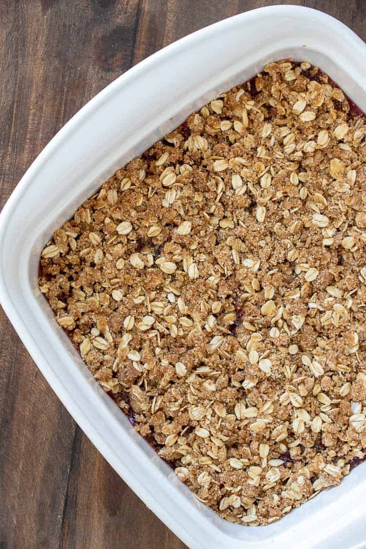 Top view of oatmeal crumble bars before baking