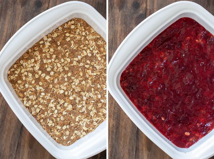 Collage of oatmeal crumble pressed into a square white pan and cranberry sauce layer over crumble