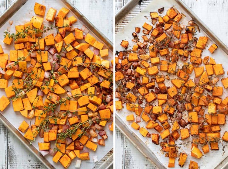 Collage of butternut squash, shallots and thyme raw and roasted
