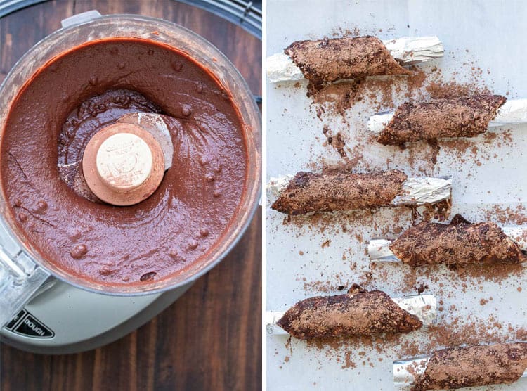 Collage of food processor with creamy chocolate mixture and chocolate cannoli shells on a baking sheet