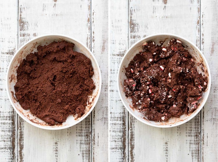 Collage with a white bowl filled with raw chocolate batter and raw chocolate batter with candy cane pieces