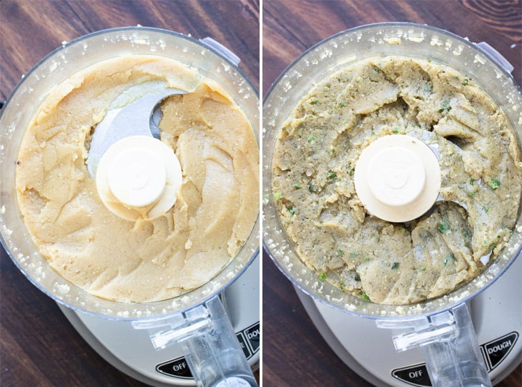 Collage of a food processor with plain cheese ball filling and filling with herbs