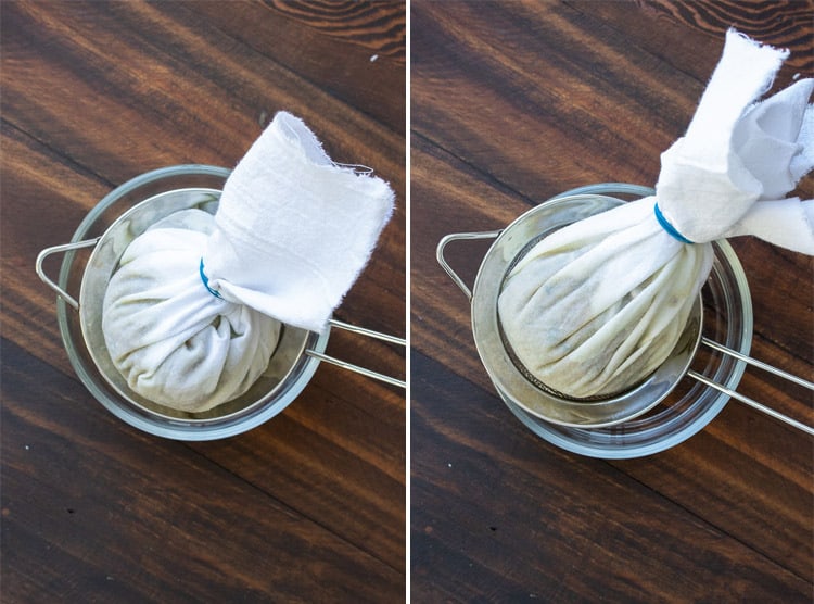 Collage of a round shaped filled cheesecloth and a cone shaped filled cheesecloth