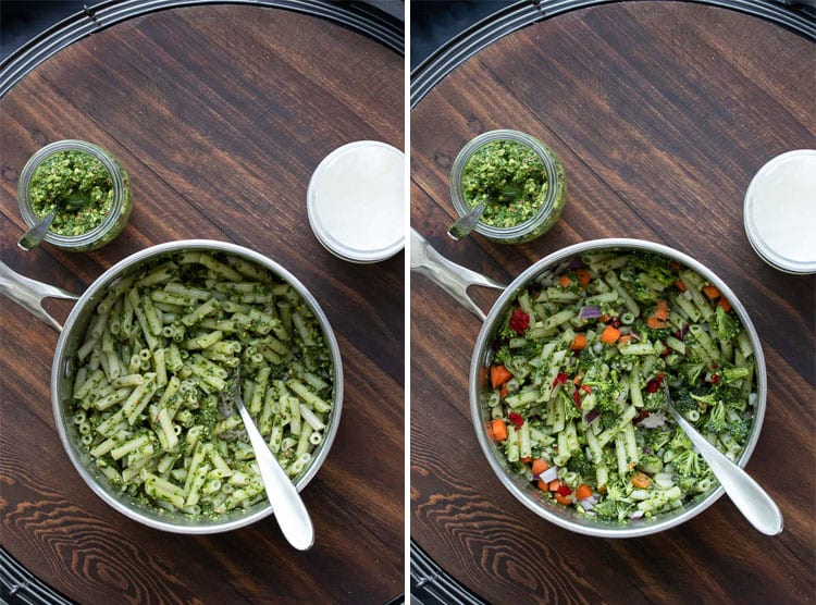 Collage of pesto being mixed into a pot of penne and chopped veggies being mixed in