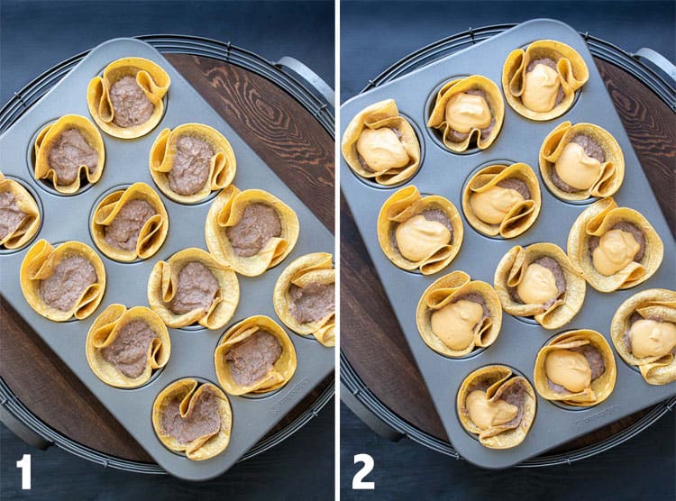 Collage of tortillas filled with beans and beans and cheese in a muffin tin