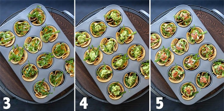 Collage of steps to filling crunchy taco cups in a muffin tin