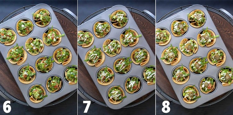 Collage of crunchy taco cups in a muffin tin being filled with toppings