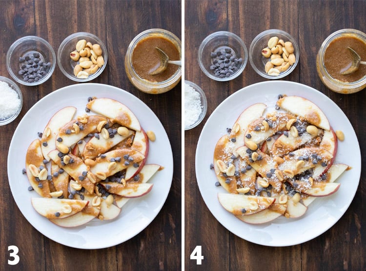 Collage of apples nachos topped with caramel, chocolate chips, peanuts and coconut