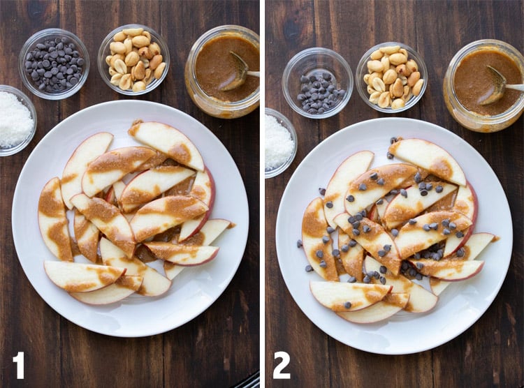 Collage of sliced apples topped with caramel and then chocolate chips