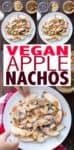 Sticky, sweet and utterly delicious caramel apple nachos piled high with your favorite ingredients. You will have no idea this easy snack is vegan! #vegandessertrecipes #easyappledesserts