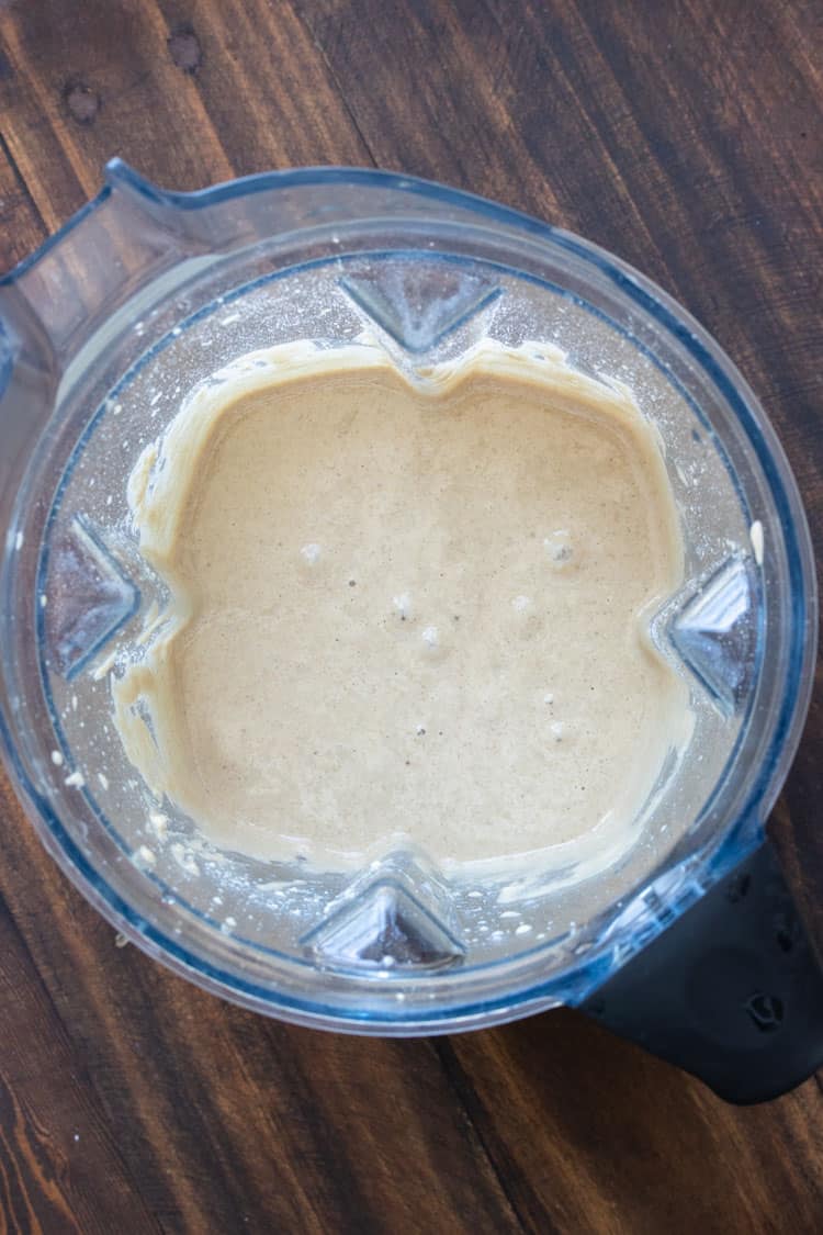 Top view of pancake batter in a blender