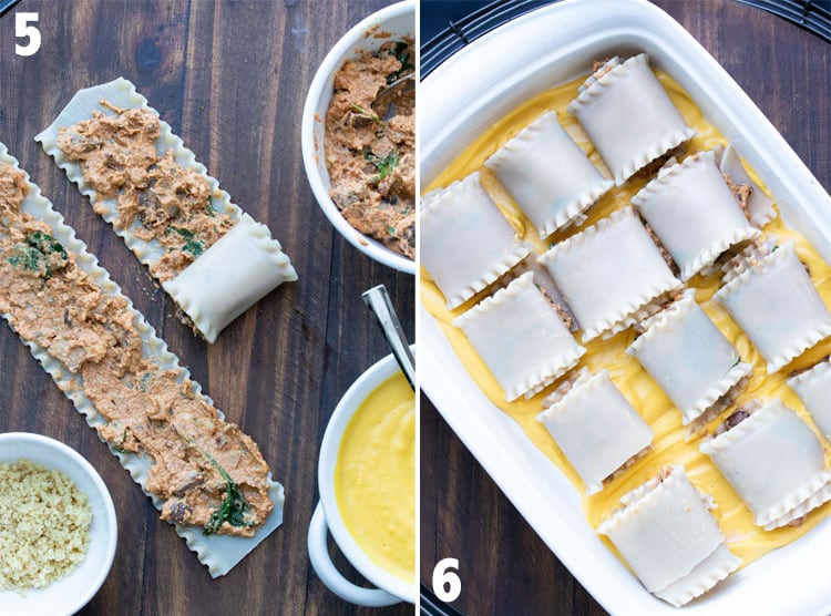 Collage of butternut squash lasagna rolls being made and in a baking pan