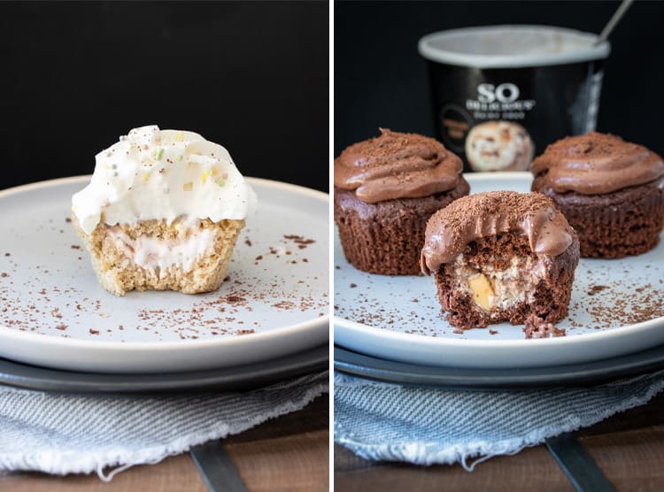 Collage of half eaten ice cream stuffed chocolate and vanilla cupcakes