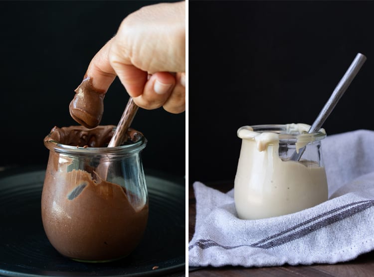 Collage of glass jars filled with chocolate and cream cheese frosting