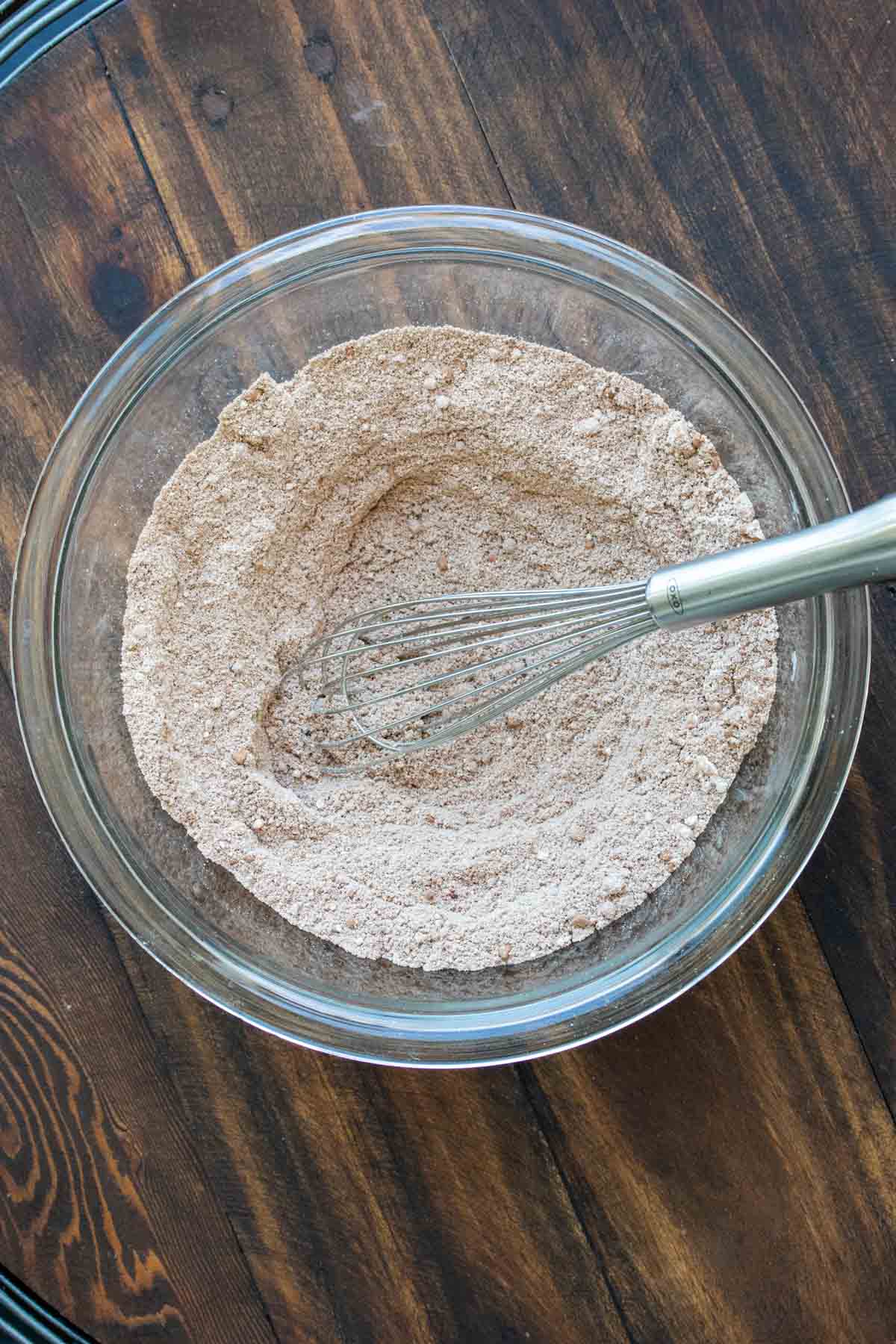 Whisk mixing flour and cocoa in a glass bowl