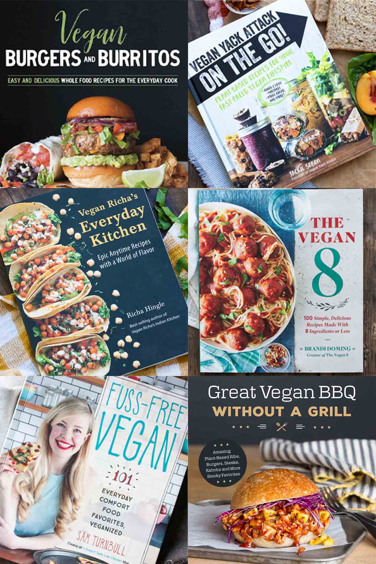 Collage of the covers of a variety of vegan cookbooks