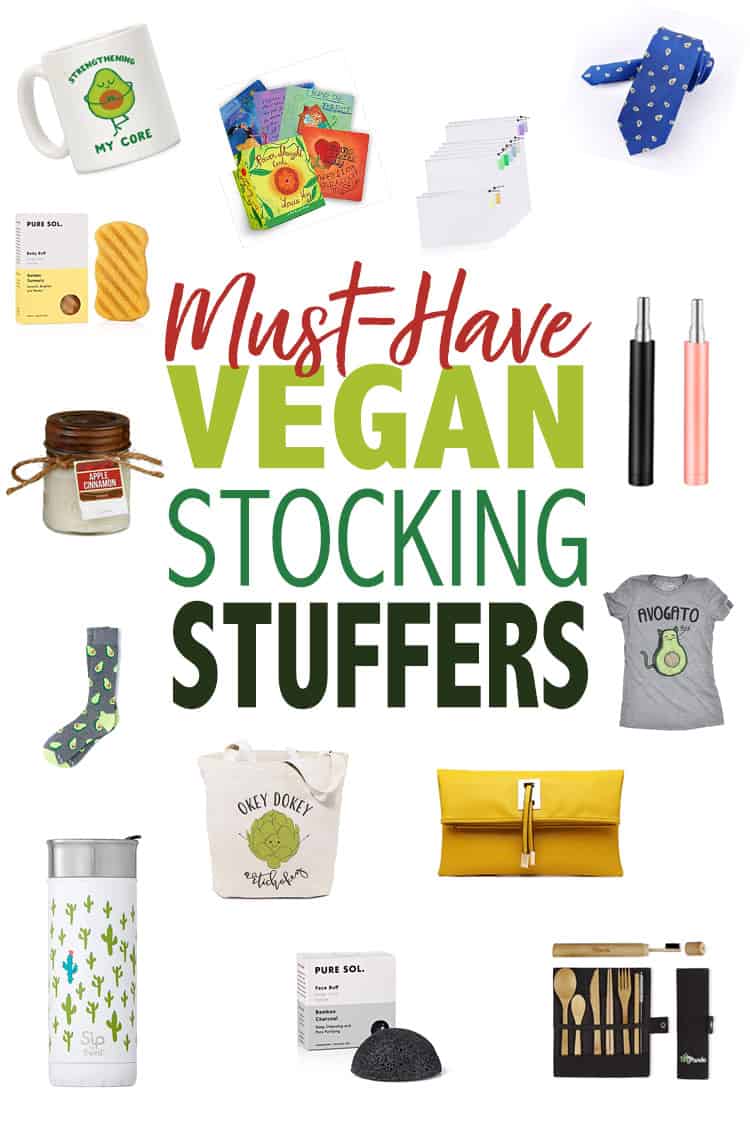 This is the best list of unique must-have vegan stocking stuffers for the holiday season! Find ideas in a variety of categories that everyone will love! #vegangiftideas #veganstockingstuffers Collage of vegan stocking stuffer ideas