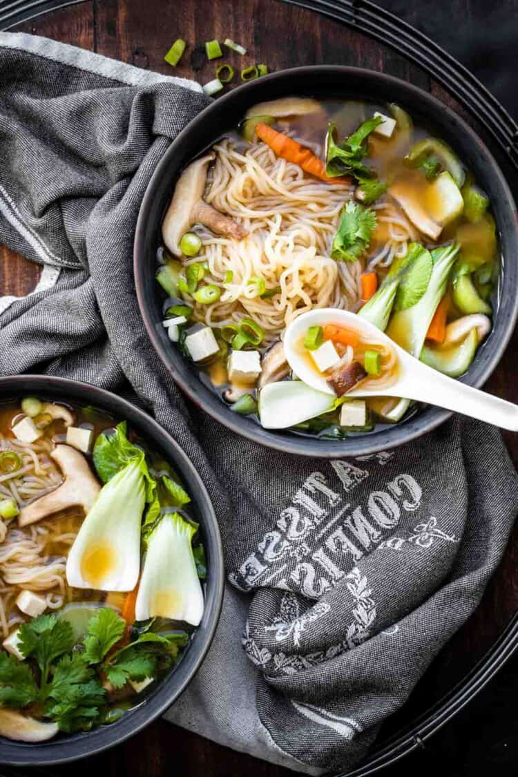 White Asian soup spoon in a bowl of veggie and noodle soup.