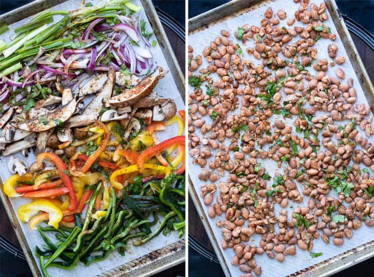 Collage of uncooked colorful veggies and beans lined up on two pans