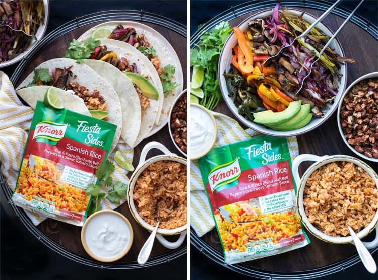 Collage of a packet of ready Mexican rice next to fajitas in tortillas and fajita parts in bowls