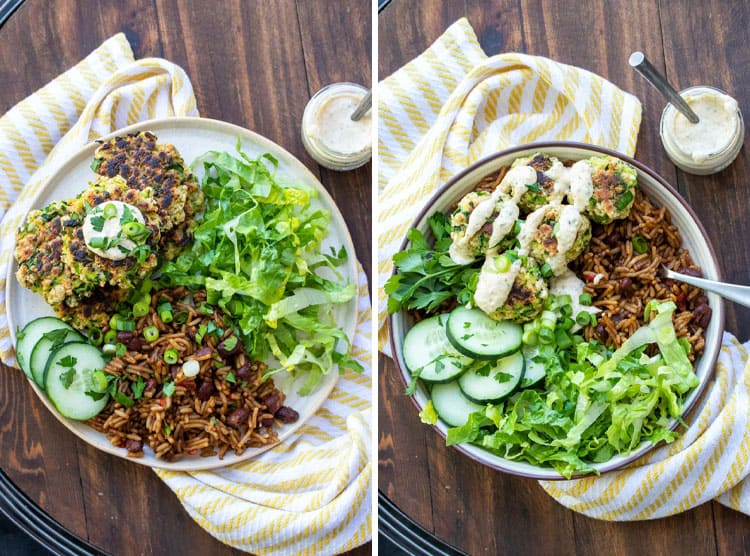 Collage of zucchini fritters and sides on a plate and in a bowl