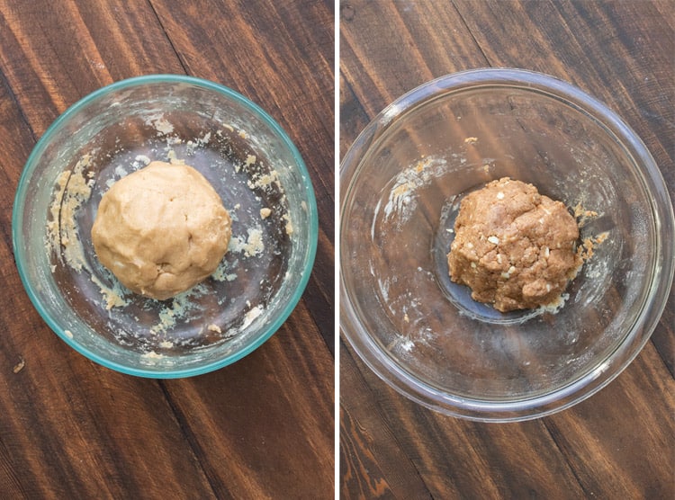 Collage of different balls of cookie dough in glass bowls