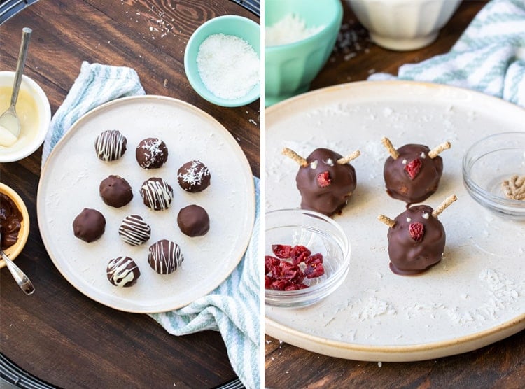 Collage of chocolate covered peanut butter balls with different decor