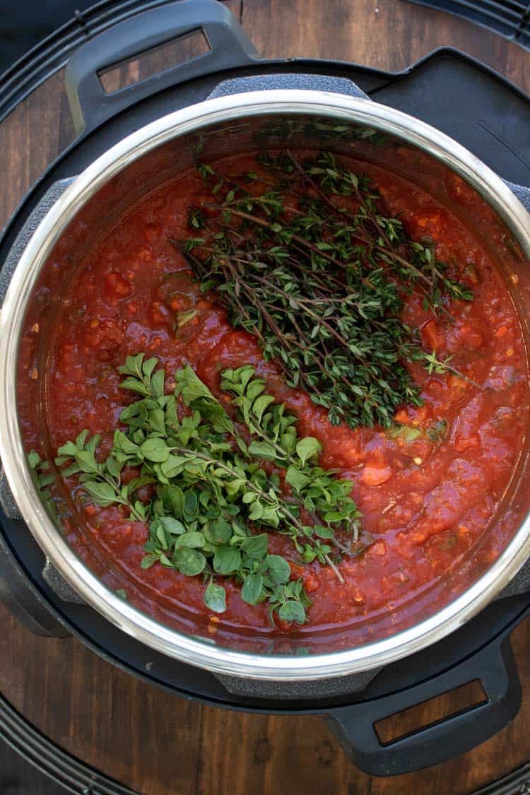 Top view of tomato sauce with fresh herb sprigs in a slow cooker