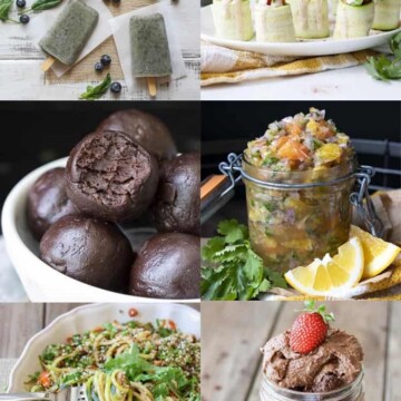 Collage of raw vegan breakfast, lunch, dinner and snack foods