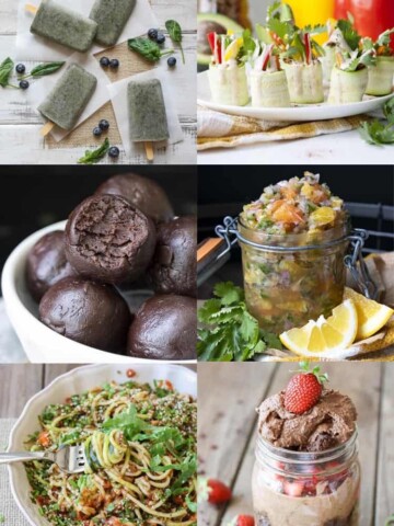 Collage of raw vegan breakfast, lunch, dinner and snack foods