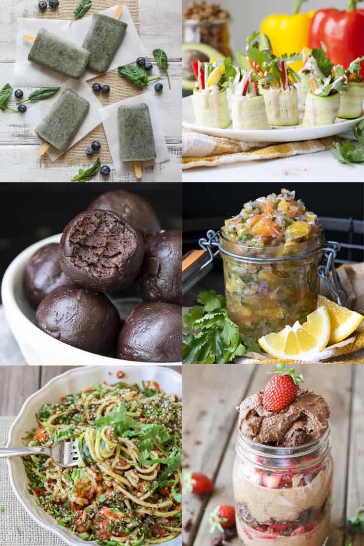 Collage of raw vegan breakfast, lunch, dinner and snack foods.