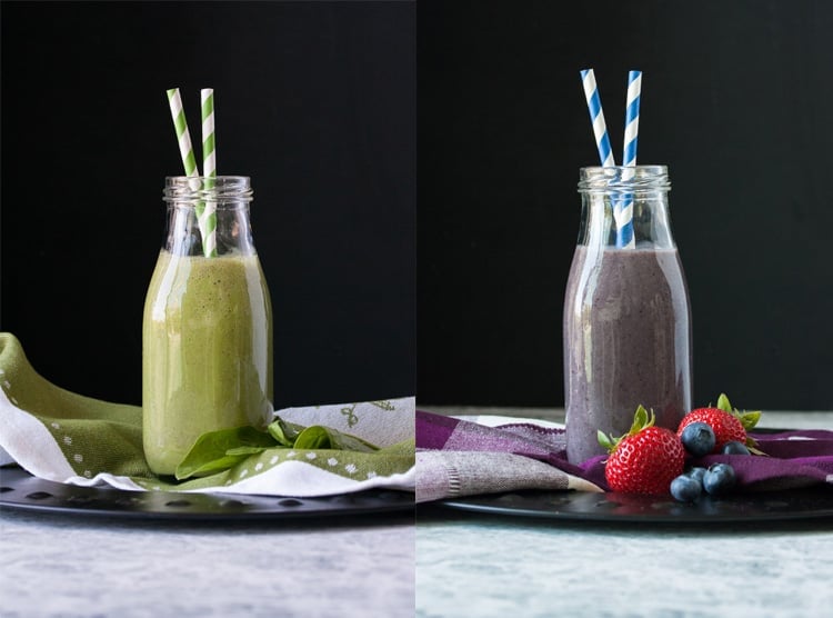 Collage of banana milk with greens and with berries in glass milk bottles