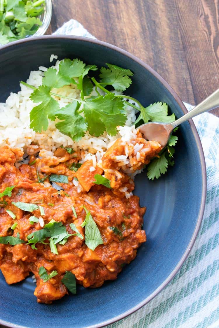 Fork getting a bite of red sweet potato curry and rice 
