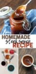 A collage of the ingredients needed to make a homemade steak sauce, the sauce being mixed in a small bowl and in a glass jar with a spoon coming out of it.