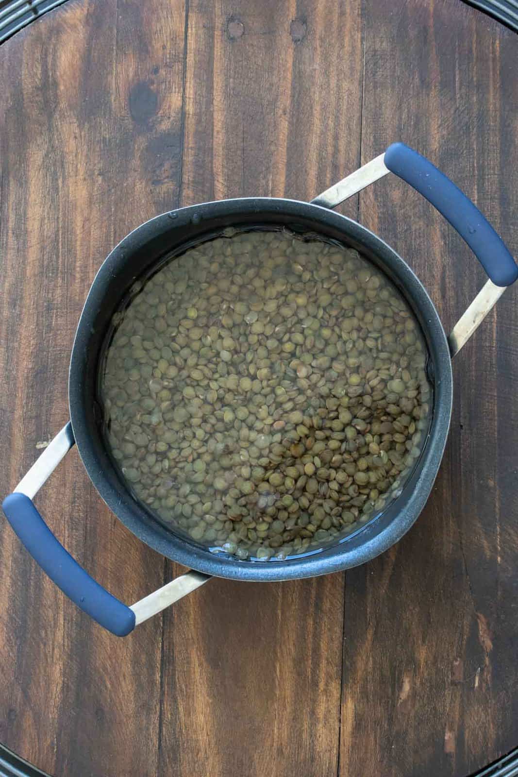 Pot filled with dry lentils covered with water