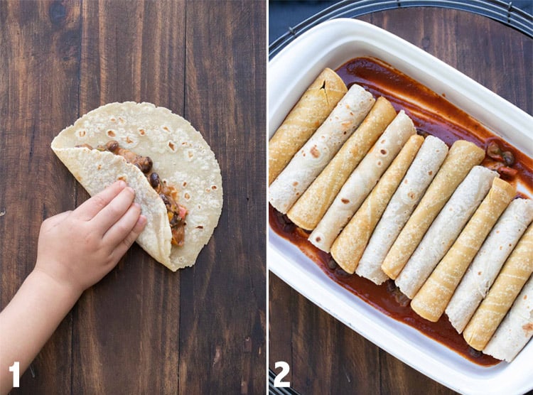 Collage of how to fill and build enchiladas