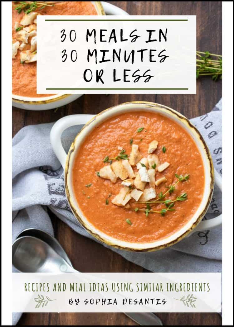 Cover of an ebook for 30 minute meals with a photo of tomato soup